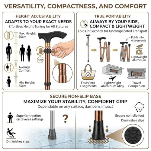 Adjustable Foldable Walking Stick for Men & Women | Lightweight, Ergonomic Cane | Collapsible & Portable Mobility Aid with Non-Slip Base & Wrist Strap | Ideal for Elderly & Travel - 85-95cm Height — view 2