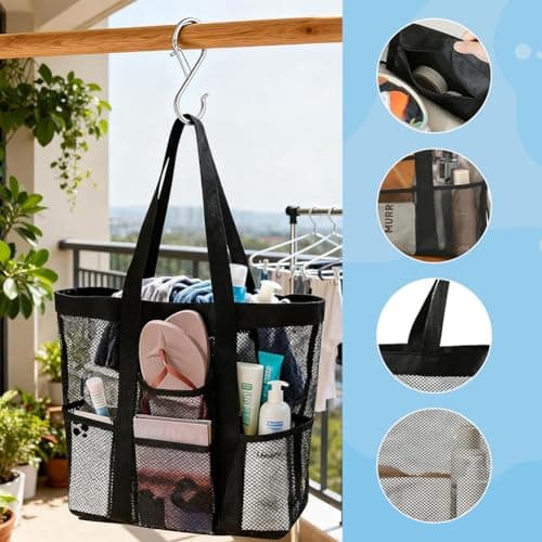 QWEPU Mesh Beach Bags, 2PCS Lightweight Large Pool Beach Tote Bag, Portable Mesh Beach Tote Bag Mesh Sand Bag Mesh Beach Bag Suitable for Pool, Beach, Travel (Blue+Black) — view 4