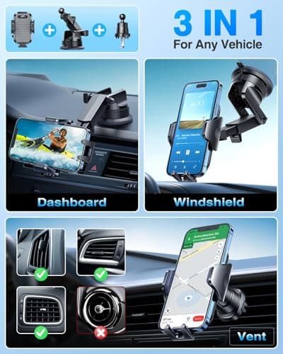 VANMASS [2026 True Military-Grade Best Car Phone Holder [Upgraded Suction & Clip] Rotatable Universal Mobile Phone Mount Dashboard Windscreen Vent for iPhone 17 Pro Max 16 15 14 Samsung, Dark Black — view 4