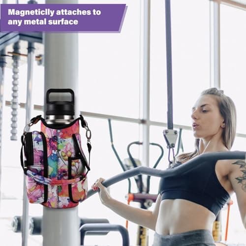 icolor Gym Magnetic Bag Water Bottle Carrier Holder with Strap & Phone Pockets, Diameter 3.9" Magnetic Gym Bag 5 Built-in Magnets Gym Accessories Organizer Pouch Sling Sleeve (Neoprene, Color-Flower) — view 5