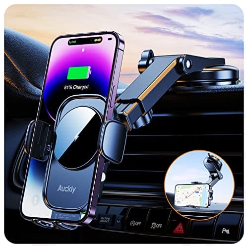 Auckly Car Phone Holder Wireless Charger, 【Smart Sense】15W Fast Qi Wireless Car Charger Automatic Phone Suction Holder Dashboard Windshield Mount Compatible for iPhone 12/13/14 Pro Max Mini Plus -B