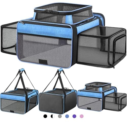 Top and 2 Sides Expandable Cat Carrier 18x13.5x9.5, TSA Airline Approved Dog Carriers for Small Dogs, Soft-Sided Pet Carrier with Self-Locking Zippers for Kitten,Rabbit, Puppy, Guinea Pig Blue