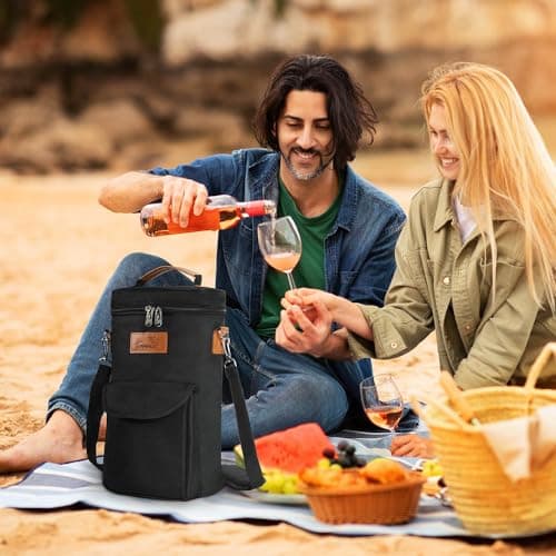 Kato Tirrinia Insulated Wine Cooler Bag Leakproof Padded Portable Wine Carrier with Shoulder Strap 2 Bottle Wine Bag for Camping Travel Beach Picnic Gift for Wine Lovers Red — view 6