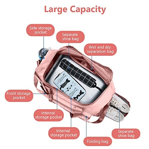 Duffel Bag, Foldable Overnight Weekend Bags for Women, Lightweight Hospital Bag with Wet and Dry Separation Bag, Large Holdall/Cabin/Gym Bag for Sports and Travel - Pink — view 4