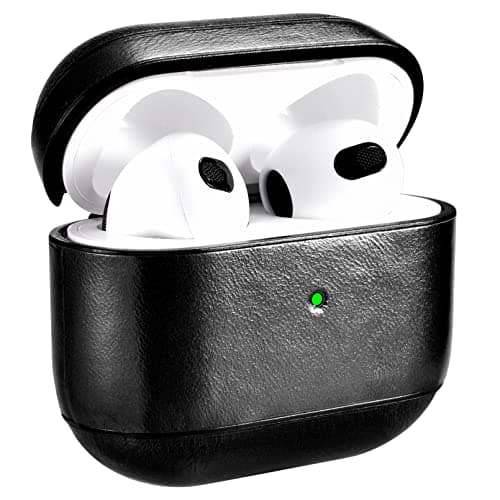 Case for AirPods 3 2021, ICARER Premium Genuine Leather Portable Shockproof Protective Case Cover for Apple AirPods 3 2021 Earphones Charging Case (LED Visible) Support Wireless Charger (Black)