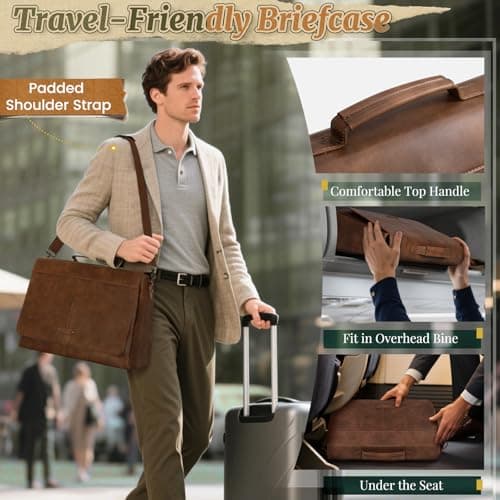 RAINSMORE Vintage Messenger Bag Men PU Vegan Leather Laptop Bag for Men 15.6 Inch Retro Mens Briefcase Waterproof Satchel Computer Bag for Work College Office Travel — view 5