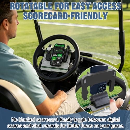 K-Gor Golf Cart Steering Wheel Phone Holder,Flip Up Cart Phone Mount with Scorecard Slot, 360° Adjustable Phone Holder for iPhone Android,Compatible with Club Car/Ezgo/Yamaha Models — view 5