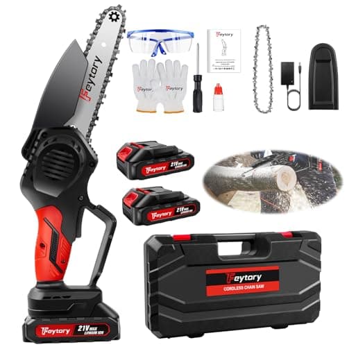 Mini Chainsaw Cordless 6 Inch, Small Hand Held Chainsaws, Electric Pruning Chain Saw with Replacement 2 Chains & Security Lock, Battery Chainsaw for Wood Cutting Tree Trimming (2 Battery and Charger)
