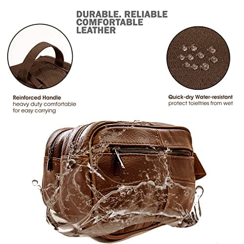 Genuine Leather Mens Wash Bag Toiletry Travel Wash Bag Shaving Bag Bathroom Gym Makeup Organizer Gift for Men & Women (Brown) — view 3