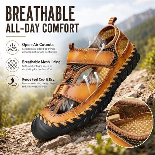 Metaju Men's Closed Toe Outdoor Sandals, Leather Lightweight Hiking Sandals, Breathable Non-Slip Rubber Sole Walking Shoes for Trekking Camping Beach Travel Summer Casual Sports (Black,9.5) — view 5