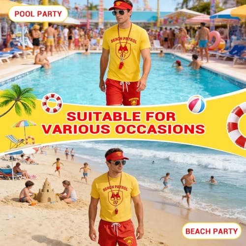 8Pcs Lifeguard Costume Set, Baywatch Costume Include T-shirt Shorts Hat Fanny Pack Whistle Wristband Inflatable Float Prop Life Guard Fancy Dress for Men Women Pool Party, Festival, Cosplay Events — view 5