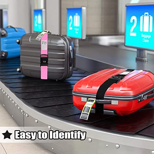 Luggage Strap, 2pcs Suitcase Straps with Password Lock Information Card, Adjustable Travel Packing Accessories Suitcase Belts with Buckle (Black+Pink, 2 PCS Set) — view 6