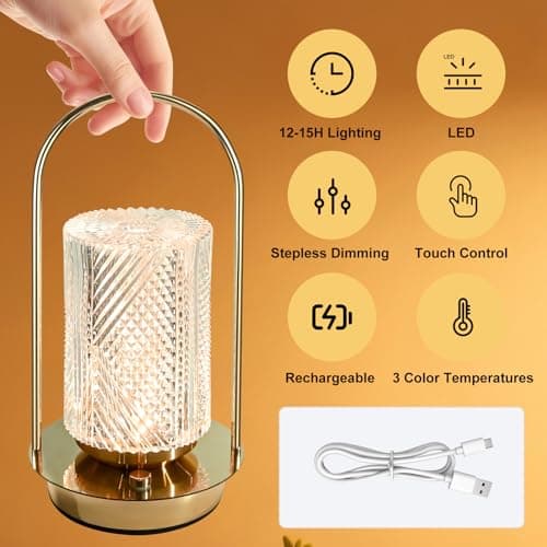 CECOMBINE Cordless Table Lamp Rechargeable - Protable Metal Gold Table Lamps, Crystal Lantern Table Lamp Touch Lamp, 3 Color Stepless Dimming Battery Operated Lamp for Indoor Outdoor Camping (Gold) — view 3