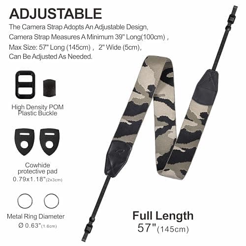 Padwa Lifestyle Camouflage Camera Strap - 2" Retro Cotton Camera Straps for Photographers,Adjustable Wide Camera Neck/Shoulder Strap with Genuine Leather Head for All DSLR/SLR Digital Cameras — view 5