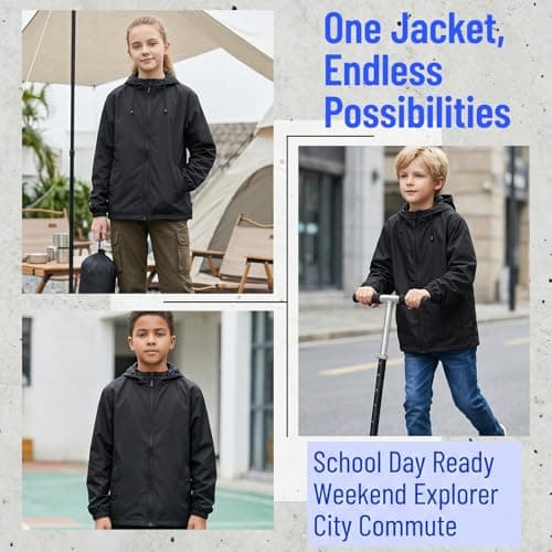 Kids Lightweight Waterproof Jacket with Zip Pocket – Boys & Girls Breathable Rain Coat for School & Travel – Packable with Pouch for Changeable UK Weather (UK, Age, 5 Years, 6 Years, Regular, Black) — view 6
