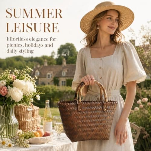 Alasum Straw Tote Bag for Women, Woven Beach Bag with Bamboo Handle, Coffee — view 2