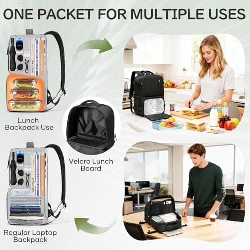 HYC00 Lunch Backpack with Insulated Cooler Box, Large 17 Inch Laptop Backpack for Women Men Picnic Bag with Lunchbox Compartment, Work Rucksack Bags Cooler Lunch Backpacks for Camping Travel, Black — view 3