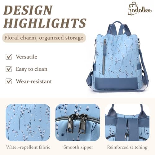 SODOLLEE Backpack Womens Anti Theft – Floral Small Rucksack Bag, Lightweight Water-Resistant Back Pack for Work, Travel & Holiday Blue — view 4