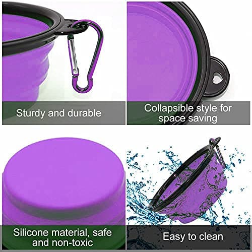Collapsible Dog Bowl,Collapsible Dog Water Bowls for Cats Dogs, Portable Pet Feeding Watering Dish,Portable Dog Water Food Bowl with Carabiner (Small(350ML), Purple) — view 3