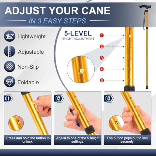 supregear Walking Stick - Adjustable Folding Walking Sticks for Women and Men - Lightweight Portable Collapsible Balancing Aid - Foldable Travel Cane for Ladies Elderly Adults, Gold — view 3