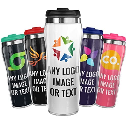 Pixly® Personalised Custom Logo Business Thermal Travel Mug - 400ml/14oz Capacity - Stainless Steel Photo Coffee Tea Flask with Picture - Black, Red, Blue, Pink (1)