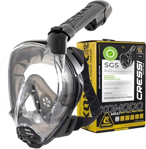 Cressi Komodo Full Face Dry Snorkelling Mask - 180° Panoramic View Snorkelling Mask - Dry Side Snorkel & Adult Snorkel Set - CO2 Safe Silicone Skirt & Scuba Equipment - Black/Black - M/L