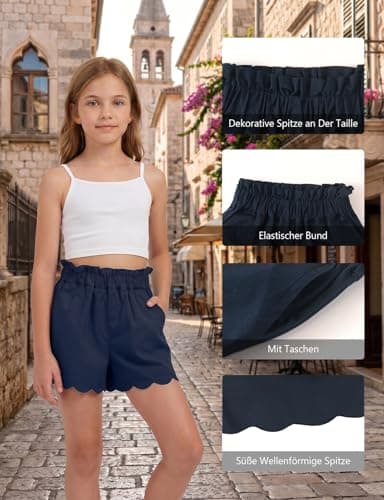 Spring&Gege Girls' Summer Shorts, Elastic Waist with Ruffled Hem & Side Pockets,Soft Cotton Shorts for Back-to-School Season Outdoor Activities, Beach & Casual Attire(Navy, 9-10 Years) — view 4