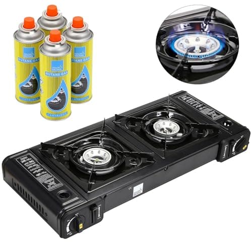 Taylor & Brown Portable Dual Burner Camping Stove, Black with 4 Butane Gas | EN417 Compliant Premium Double Gas Cooker | with Automatic Ignition & Heat Control | for Camping, BBQ & Outdoor Cooking