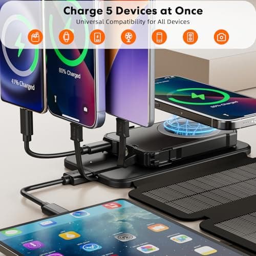 YELOMIN Solar Charger Power Bank 5000mAh with 4 Foldable Panels & 2 Built-in Cables, Wireless Portable Charger, Outdoor External Battery Pack with USB-C in/Output & SOS Flashlight for Camping Hiking — view 3