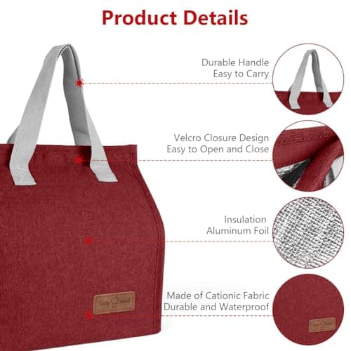 Vicloon Lunch Bags for Women Men, Portable Lunch Box Bag, Insulated Cooler Bag Thermal Leak-Proof Lunch Organizer, Thermal Cooler Bag for Work Outdoor School Travel - Wine Red — view 4