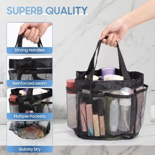 utuher 2 Pack Shower Caddy, Portable Mesh Shower Bag with 8 Pockets, Black — view 3