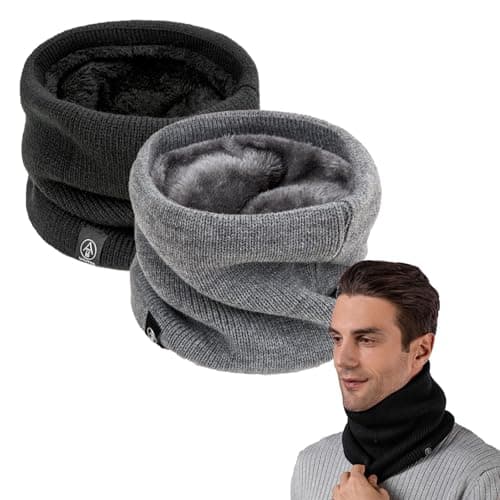 Winter Neck Warmer For Men, Knitted Plush-Lined Snood, Black/Grey, 2-Pack