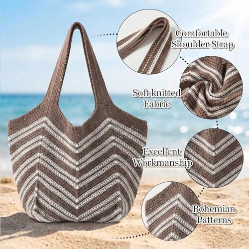viiotu Beach Bags for Women Large Beach Tote Bag Summer Crochet Straw Woven Boho Holiday Shoulder Handbag (Light Brown, One Size) — view 4