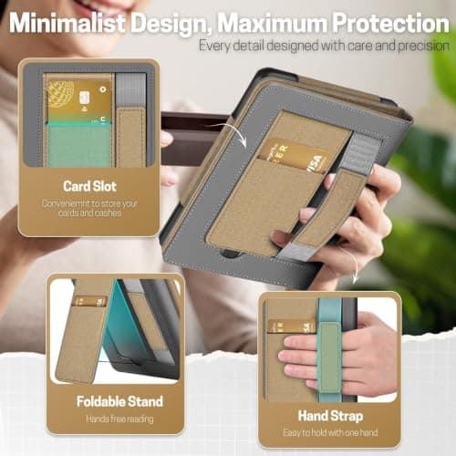 TNP Stand Case with Strap for Kindle Paperwhite 12th Gen 2024 / Kindle Colorsoft Signature Edition - 7" PU Leather Protective Folio Cover with Auto Wake/Sleep & Card Slot, Gold — view 3
