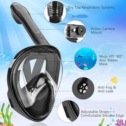 Kids Snorkel Mask Full Face, Snorkeling Gear for Kids 3-14 with Camera Mount, 180 Degree Panoramic View Snorkeling Set Anti-Fog Anti-Leak (Black) — view 2