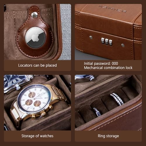 KAMIER Watch Box with Combination Lock - 4 Watch Storage and Jewelry Organizer - Luxury Watch Travel Case for Ring and Watch Storage, PU Leather Watch Cae, Ideal for Gift (With Gift Box), Brown — view 2