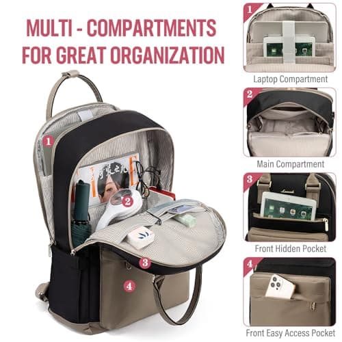 LOVEVOOK Laptop Backpack Womens, 17 Inch School Bags for Girls Travel Rucksack with USB Port Waterproof Back Pack for Work Business College School, Khaki Black — view 2