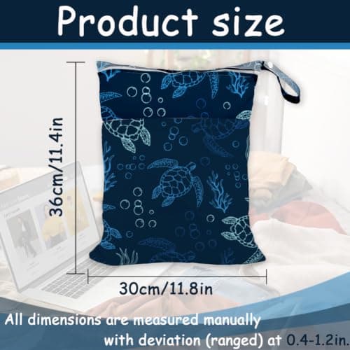 SUPERDANT Sea Turtle Waterproof Wet Bag Large Capacity Foldable Dry Pouch Navy Blue Polyester Double Zippered Pockets for Swimsuit Towel Beach Gym Cruise Travel 36x30cm — view 2