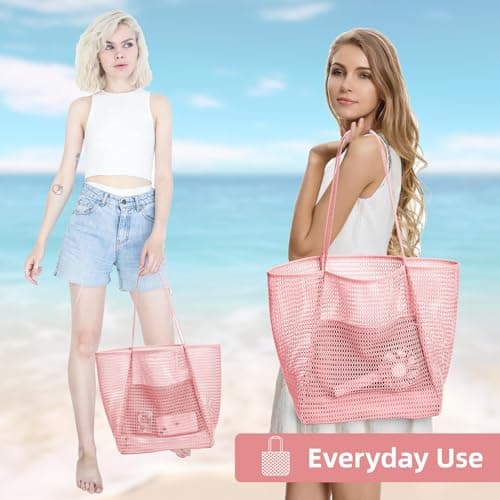HUANYO Mesh Tote Bag, 23 Litre Beach Bag Extra Large Tote Bags for Women with Zip Pocket, Summer Shopping Bags Reusable for Picnic Holiday Travel Grocery (pink) — view 2