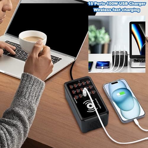 Multiport USB Charging Station – 15-Port Smart Charger Hub, 100W Supply | Wireless Dock for Phone, Laptop, Tablet, Earbuds, Home Office Desk, Compact Device Organizer, Portable Tech Accessory — view 2