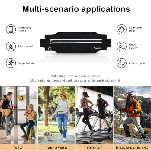 Running Belt for Men & Women, Slim Bum Bag & Running Phone Holder, No Bounce Waist Pack, Water Resistant Reflective Running Pouch, Adjustable Fitness Belt Fits All Smartphones — view 3