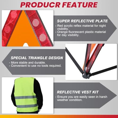 DASBET Emergency Warning Triangles and 2 Pack Reflective Vest Kit — view 3