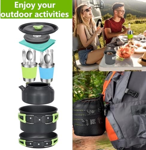 15pcs Camping Cookware Mess Kit,Non-Stick Pot and Pan Set with Kettle Stainless Steel Cups Plates Forks Knives Spoons Lightweight, Fork Spoon Kits for Backpacking, Outdoor Camping Hiking and Picnic — view 6