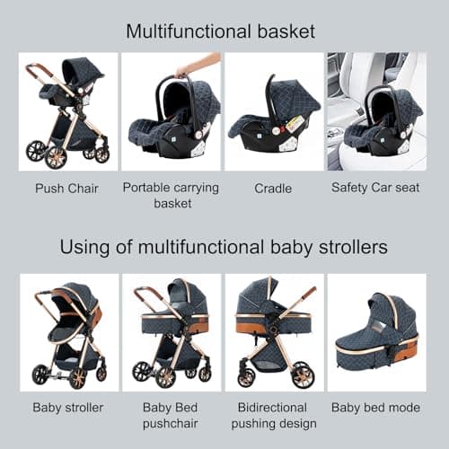 Magic ZC 3 in 1 Pushchair Pram Travel System, Baby Stroller 3 in 1 with Reversible Two Pushing Modes, Newborn Infant Carriage One-Click Folding, Toddler Buggy Aluminum Frame (V9 Blue) — view 3