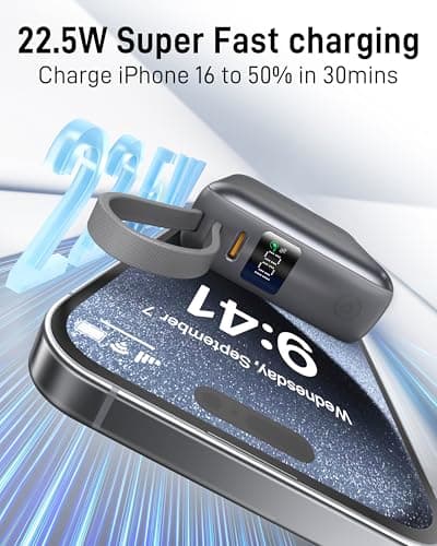 VINKO Small Power Bank with Built-in Cable,10000mAh Fast Charging Power Bank, 22.5W USB C Portable Charger, Mini Battery Pack for iPhone 16 15 14 13 Samsung Galaxy Google Android (Gray) — view 3