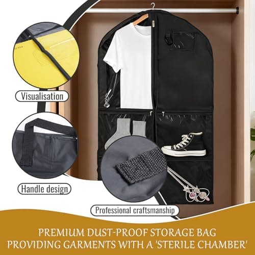 2 Packs 39.37 Inch Dance Costume Garment Bag for Travel with Handles, Kids Hanging Clothes Cover for Girls Closet Storage with 3 Clear Zipper Pockets & 1 Large Zipper Pocket (Black) — view 3