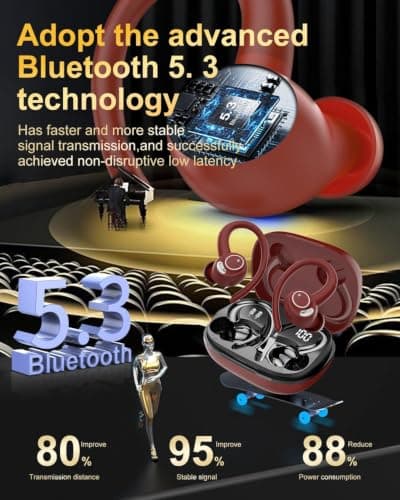Sports Wireless Earbuds with EarHooks HiFi Stereo Sound, Elegant Red — view 3
