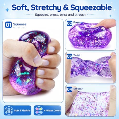 Glitter Squishy Cube Stress Relief Toy, Soft TPR Fidget Squeeze Toy(Purple) — view 3