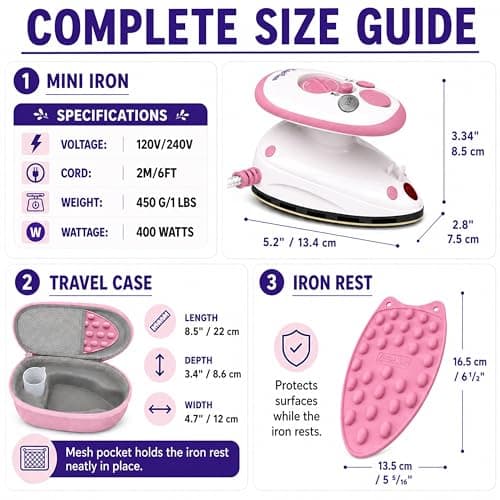 The Quilted Bear Premium Mini Steam Iron for Quilting and Travel, Pink — view 2