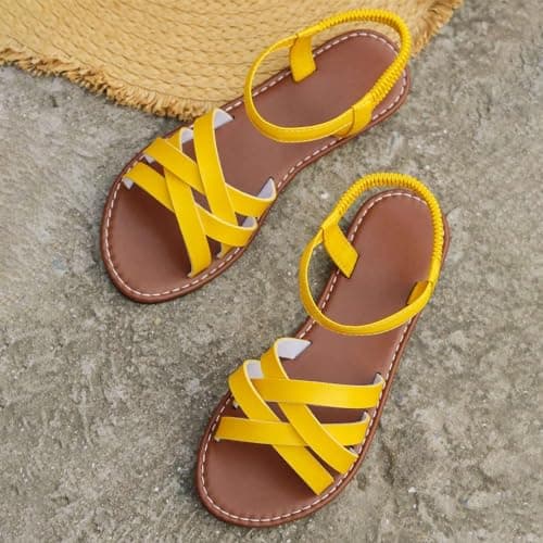 Women's Sandals UK Slingback Flat Feet Leather Roman Sandals Women Casual Travel Breathable Flip Flop Womens Wide Fit Slippers Ladies Summer Beach Shoes for Indoor and Outdoor Size 3.5-7.5 Yellow — view 3